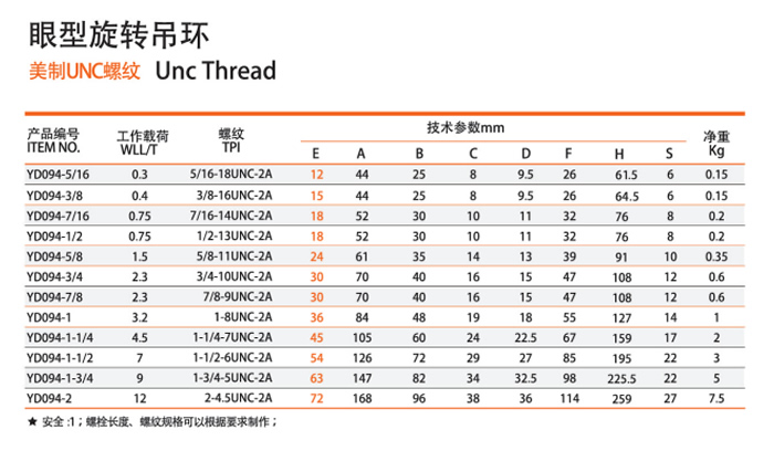 冠航美制眼型旋轉吊環(huán)參數(shù)表